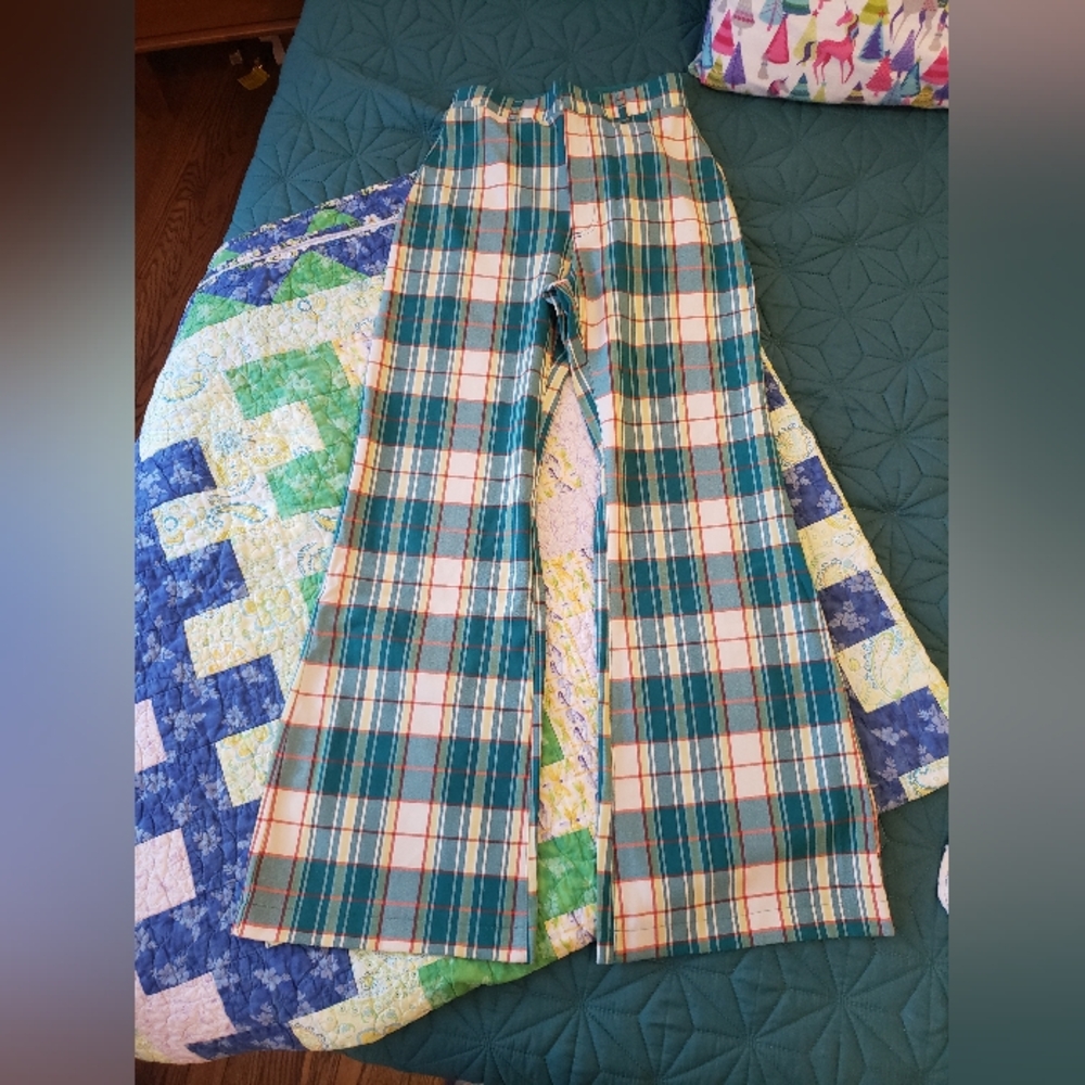 Free People Green and Red Plaid Wide Leg Pants
